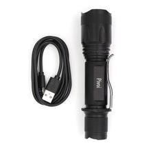 Cargar imagen en el visor de la galería, Pivoi 10W LED Tactical Rechargeable Flashlight with Clip, IP44 Water Resistant, Zoom focus, Metal body, 1000 Lumens - Uses 1x 18650 Battery - WORLDTRADERS USA LLC (Vapeology)