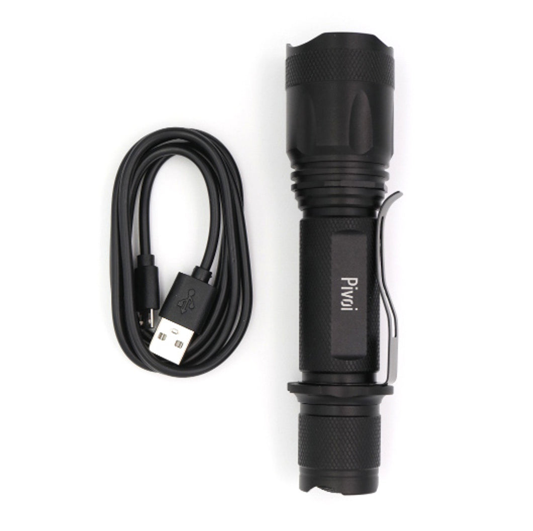Pivoi 10W LED Tactical Rechargeable Flashlight with Clip, IP44 Water Resistant, Zoom focus, Metal body, 1000 Lumens - Uses 1x 18650 Battery - WORLDTRADERS USA LLC (Vapeology)